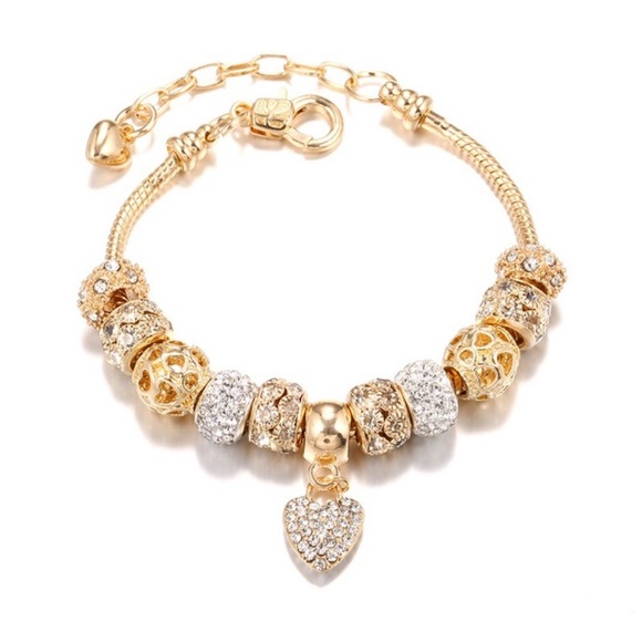 Jewelry - 14K Gold Plated Snake Chain Heart Charm Bracelet for Women